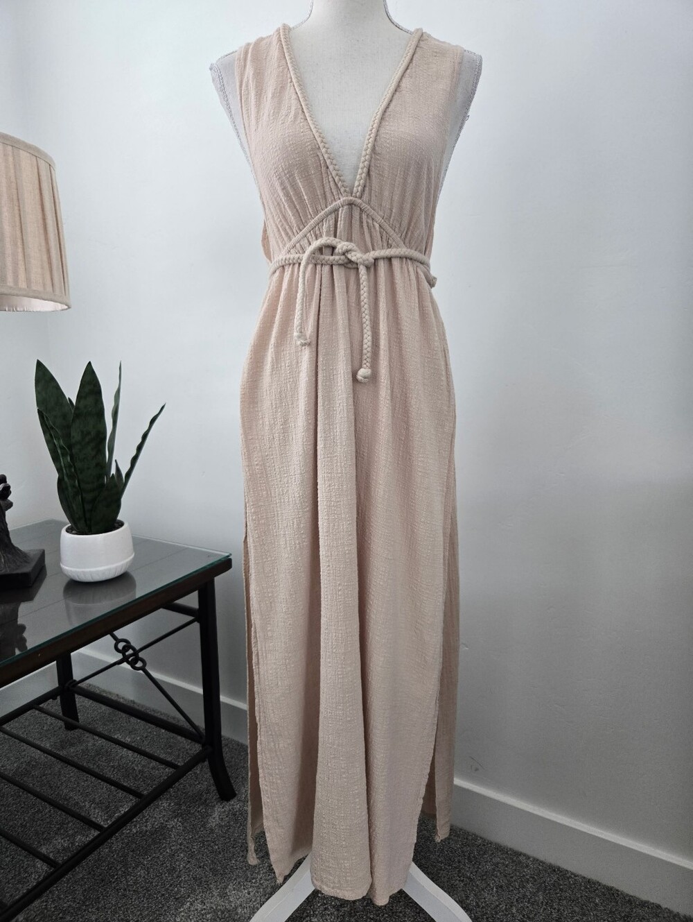 Shade & Shore Resortwear Plunge Open-Side crinkle gauze Swim Coverup Small.